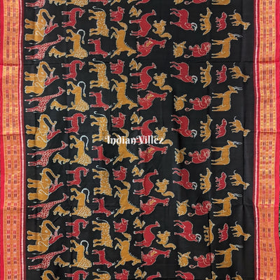 Black Jungle and Animal Theme Sambalpuri Silk Saree