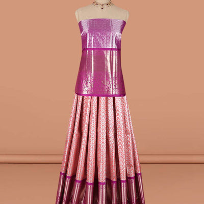 Pink floral vine design art-silk half saree, contrast traditional zari border,zari design blouse & ogee patern dhavani