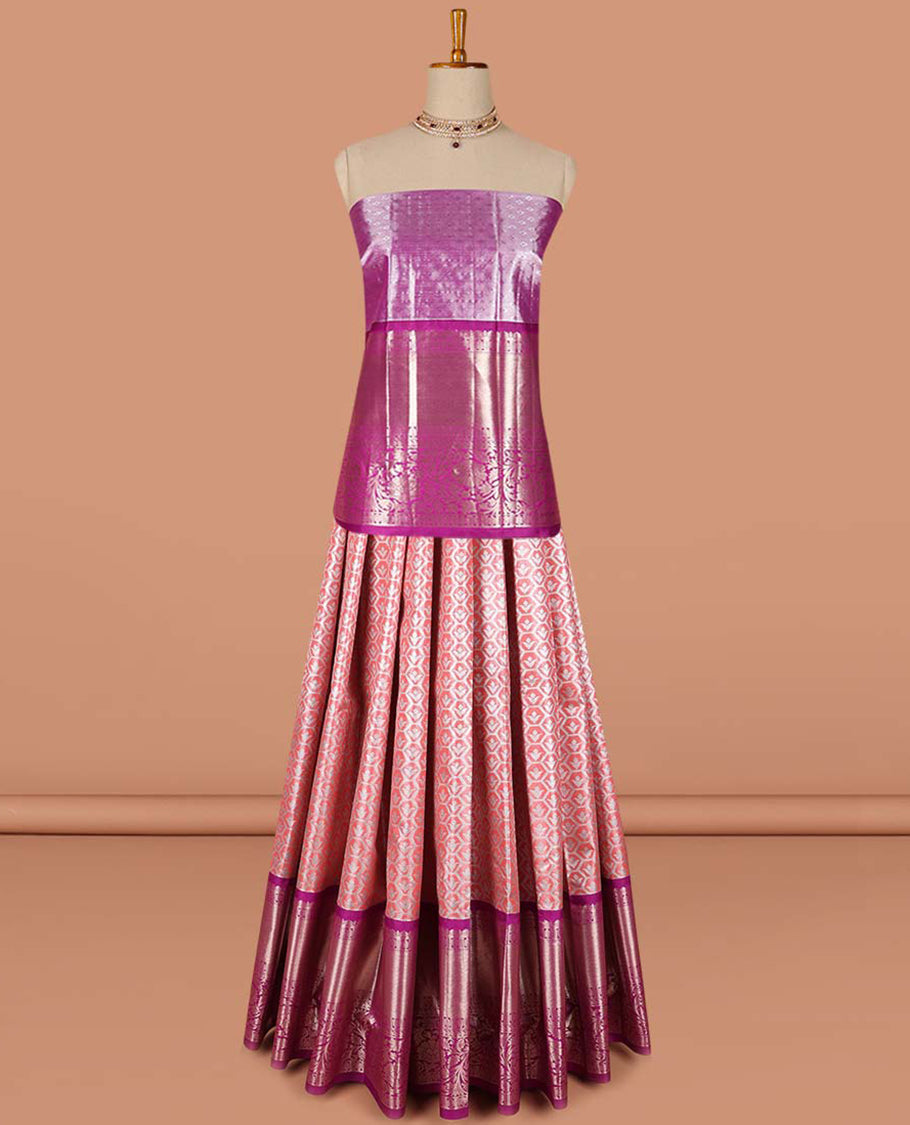 Pink floral vine design art-silk half saree, contrast traditional zari border,zari design blouse & ogee patern dhavani