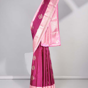 Red floral motifs gift saree with contrast paisley border & intricate zari design pallu