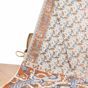 Cream bird motifs machine-printed kalamkari cotton saree, contrast unique motifs border & animal motifs pallu