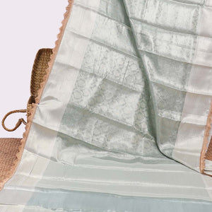 Blue  floral vine printed semi-banaras tissue silk saree with scallop border & argyle design pallu