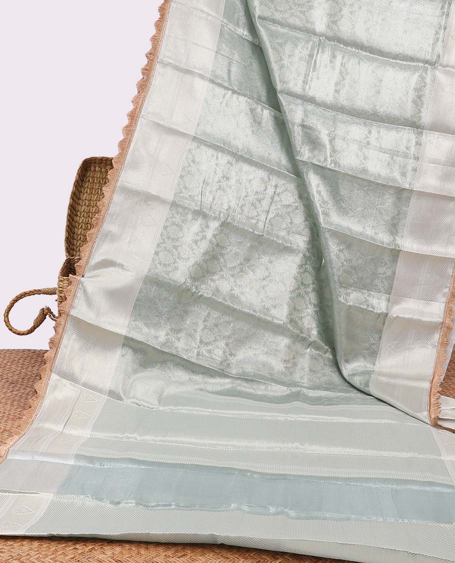 Blue  floral vine printed semi-banaras tissue silk saree with scallop border & argyle design pallu