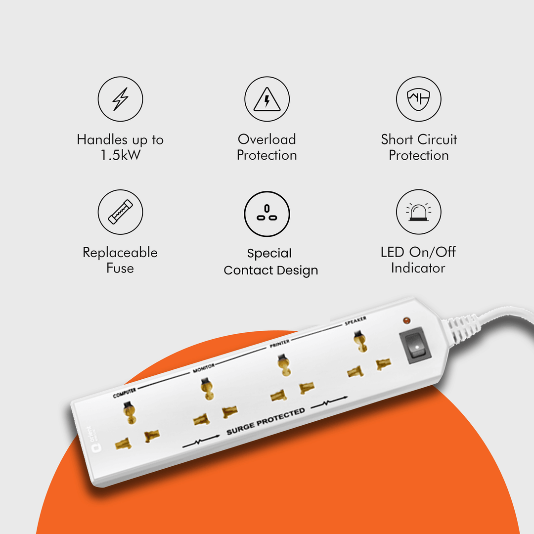 4 Socket Extension Board with 2 Metre Wire (White)