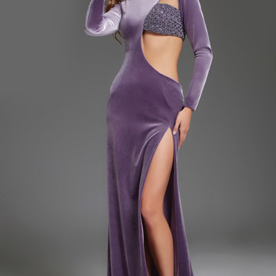Velvet Fitted Long Sleeve Slit Gown by Jovani 40124