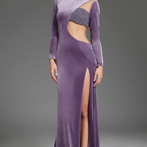 Velvet Fitted Long Sleeve Slit Gown by Jovani 40124