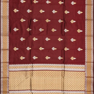 Maroon Handloom Banarasi Silk Saree With Gold & Silver Zari Buttas