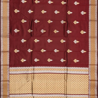 Maroon Handloom Banarasi Silk Saree With Gold & Silver Zari Buttas