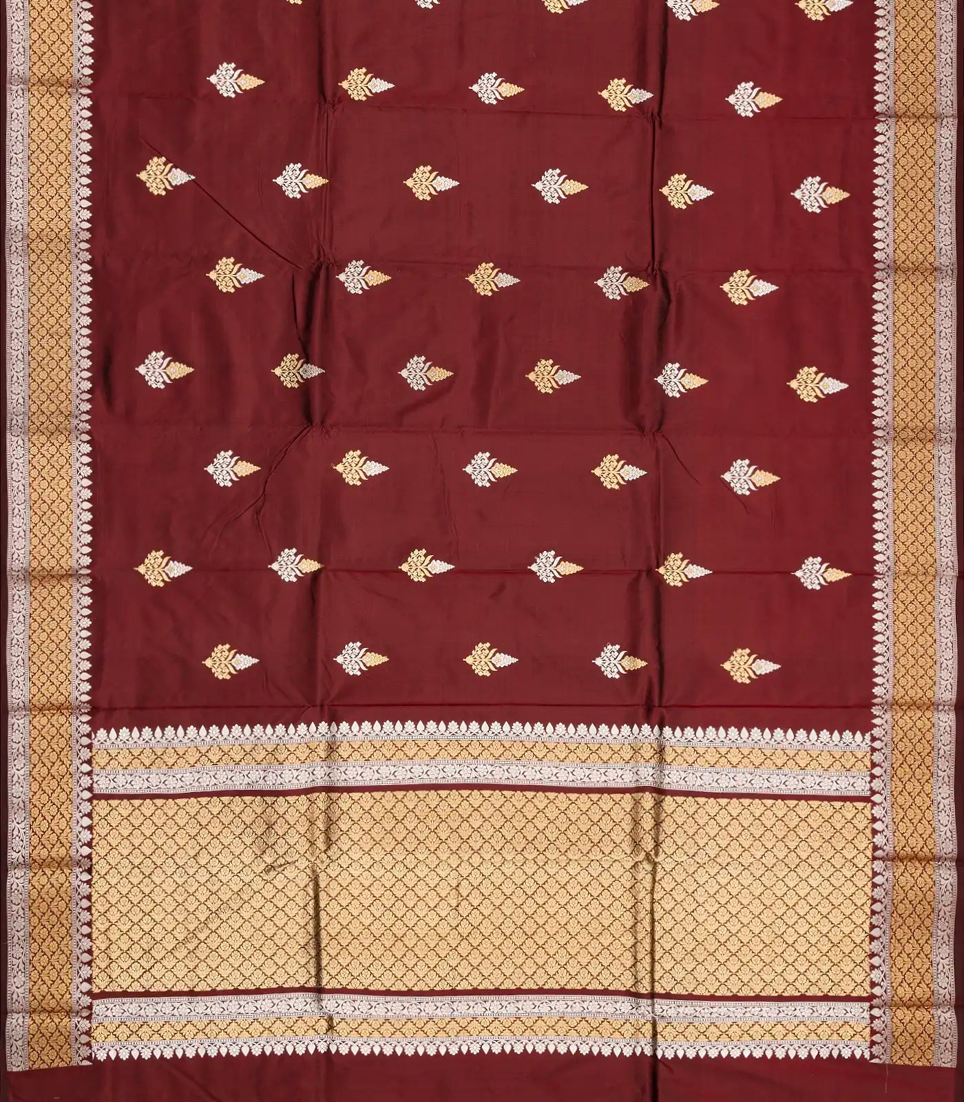 Maroon Handloom Banarasi Silk Saree With Gold & Silver Zari Buttas