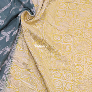 Darkslate Gray Lemon Yellow Banarasi Khaddi Georgette Saree
