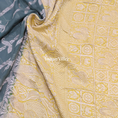 Darkslate Gray Lemon Yellow Banarasi Khaddi Georgette Saree