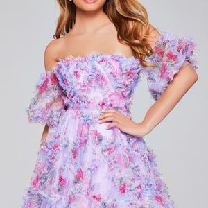 Floral Print Short Off Shoulder A-line Dress by Jovani 40330