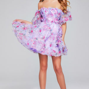 Floral Print Short Off Shoulder A-line Dress by Jovani 40330