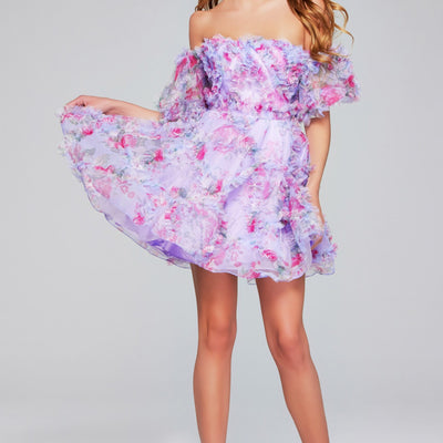 Floral Print Short Off Shoulder A-line Dress by Jovani 40330