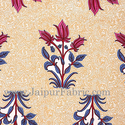 Dark Pink Border with Bail and Gamla cream base bud and leaf print cotton double bedsheet