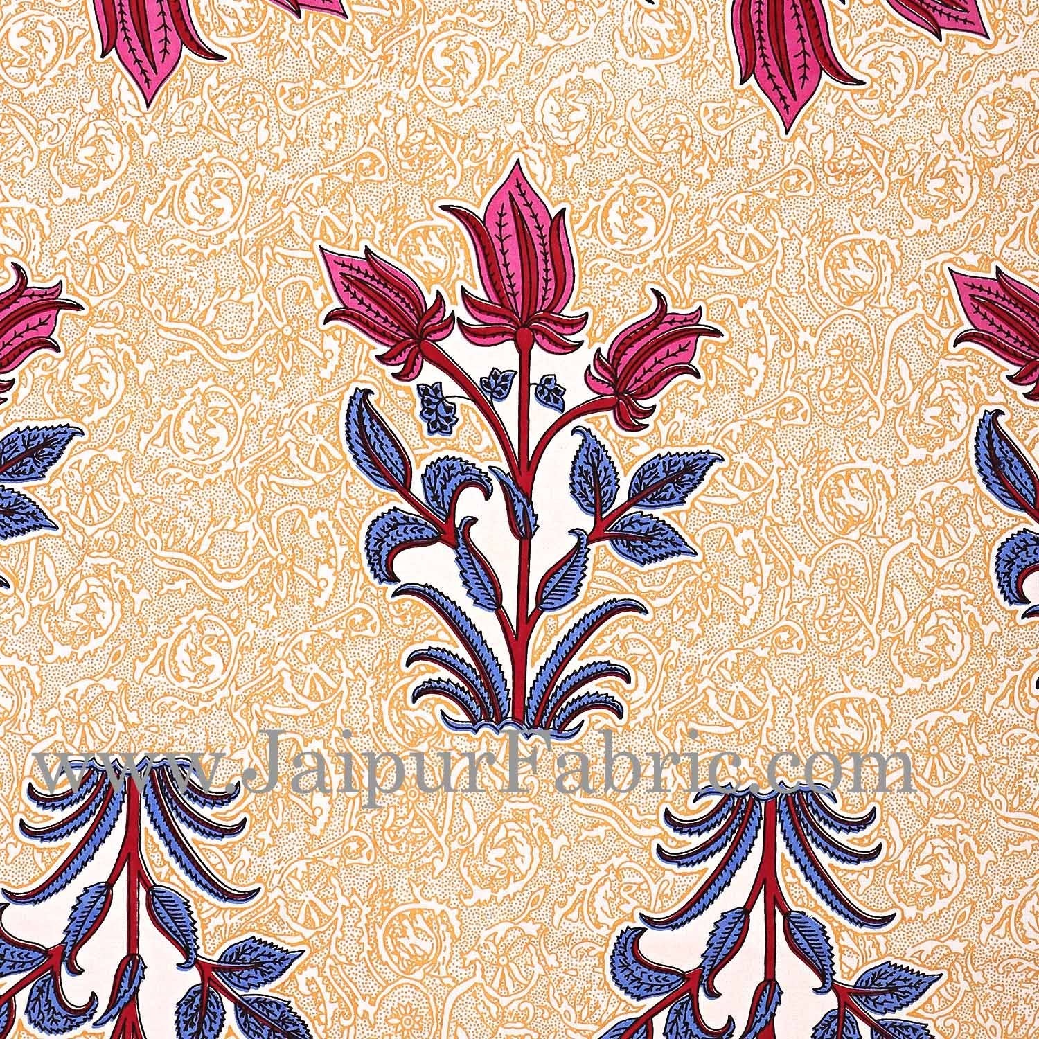 Dark Pink Border with Bail and Gamla cream base bud and leaf print cotton double bedsheet