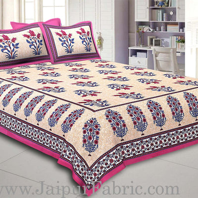 Dark Pink Border with Bail and Gamla cream base bud and leaf print cotton double bedsheet