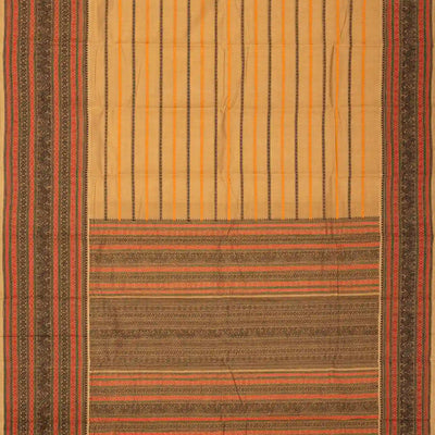 Beige Handloom Kanchi Cotton Saree With Rudraksham Stripes