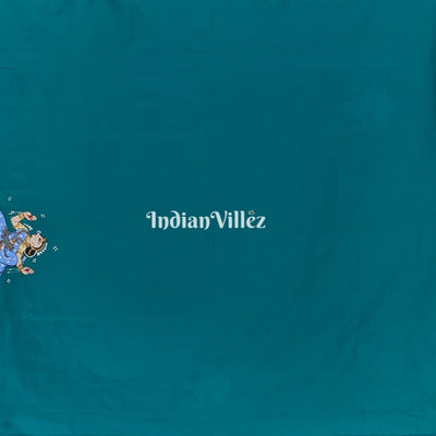 Azure Blue Radha Krishna Hand-Painted Pattachitra Art Silk Saree