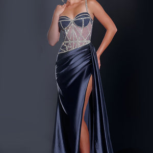 Beaded Satin Fitted Corset Slit Gown by Jovani 40506