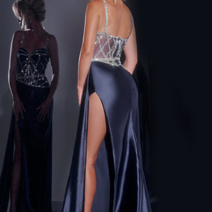 Beaded Satin Fitted Corset Slit Gown by Jovani 40506