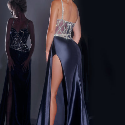 Beaded Satin Fitted Corset Slit Gown by Jovani 40506