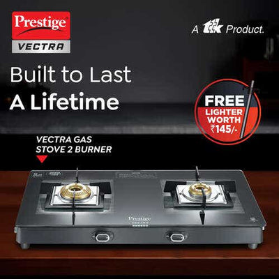 Prestige Vectra Glass Top 2 Burners Gas Stove | Black