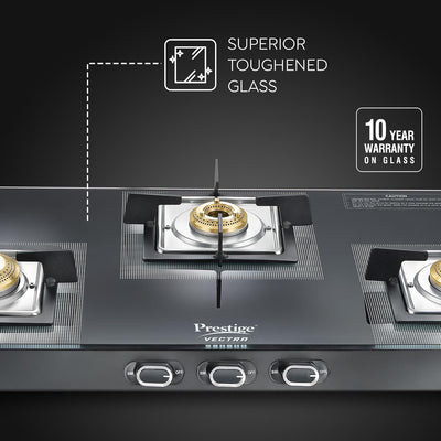 Prestige Vectra Glass Top 3 Burners Gas Stove | Black