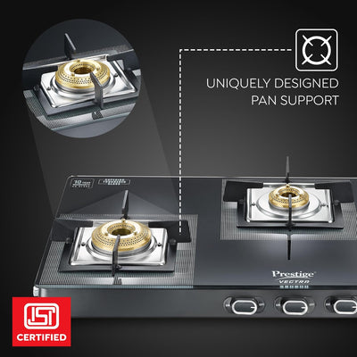 Prestige Vectra Glass Top 3 Burners Gas Stove | Black