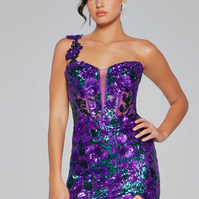 Floral Sequin Short One Shoulder Dress by Jovani 40647