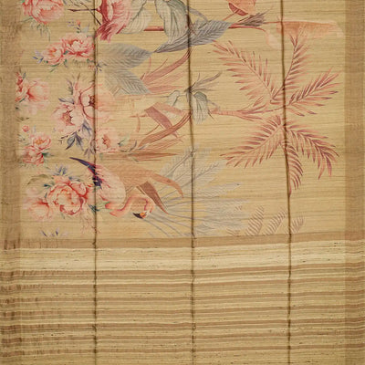 Taupe Handloom Tussar Silk Saree With Printed Crane Motifs-Taupe