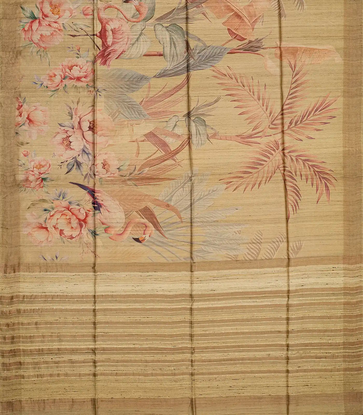 Taupe Handloom Tussar Silk Saree With Printed Crane Motifs-Taupe