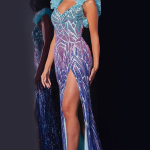 Sequin Fitted Ruffle Sleeve Slit Gown by Jovani 40761