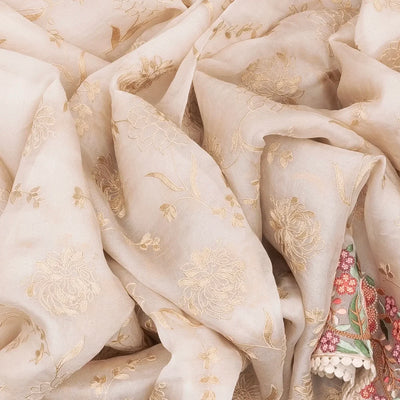 Cream Woven Organza Silk Saree With Embroidered Floral Motifs