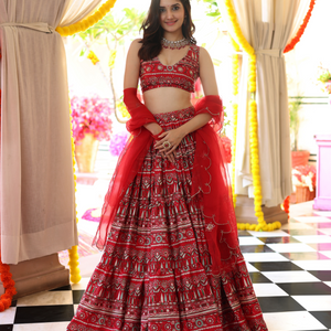 Red Hibiscus Haven Printed Satin Lehenga Set