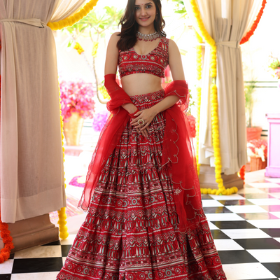 Red Hibiscus Haven Printed Satin Lehenga Set