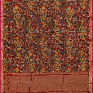 Maroon Handloom Tussar Silk Saree With Printed & Embroidered Motifs