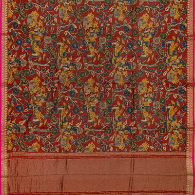 Maroon Handloom Tussar Silk Saree With Printed & Embroidered Motifs