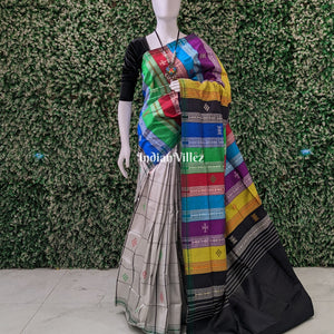White Grey Double Pallu Pasapali Theme Berhampuri Silk Saree