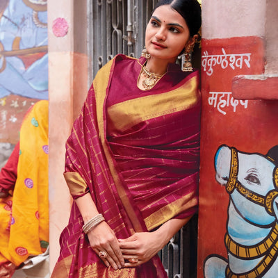 Crimson Handloom Kanchipuram Silk Saree With Zari Checks & Buttas