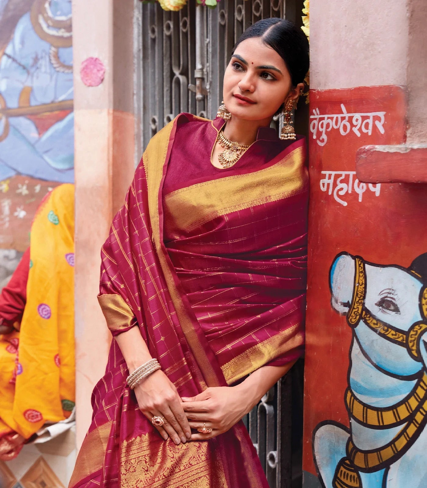 Crimson Handloom Kanchipuram Silk Saree With Zari Checks & Buttas