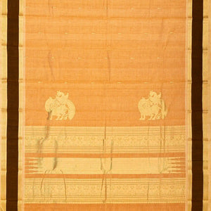 Peach Handloom Kanchi Cotton Saree With Tree Buttas & Brown Border