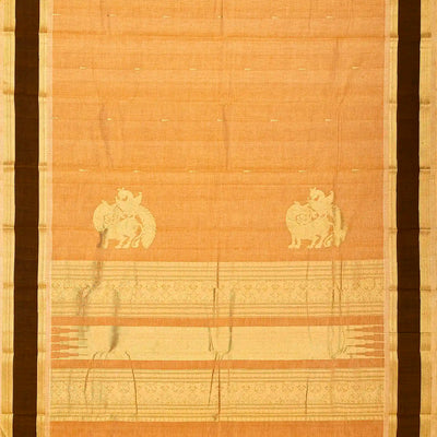 Peach Handloom Kanchi Cotton Saree With Tree Buttas & Brown Border