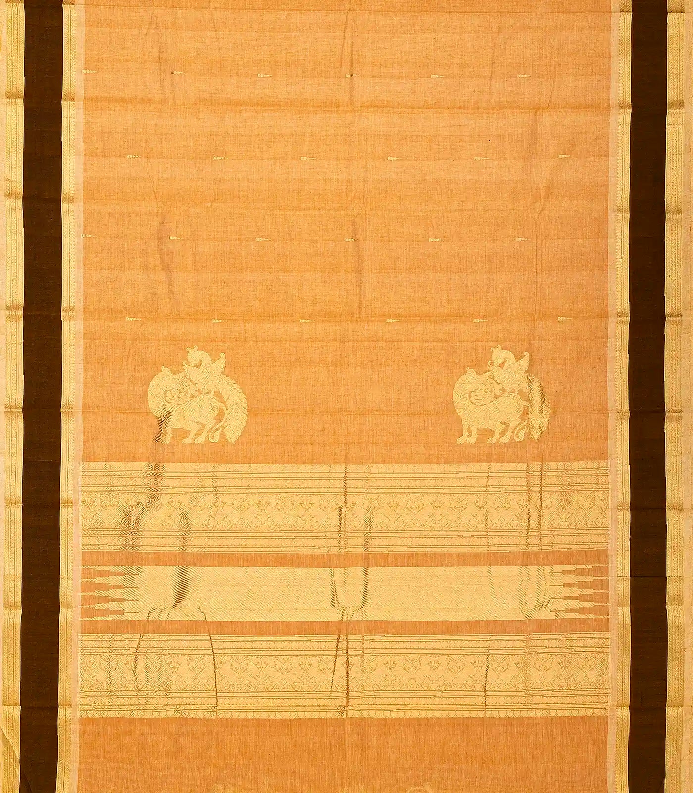 Peach Handloom Kanchi Cotton Saree With Tree Buttas & Brown Border
