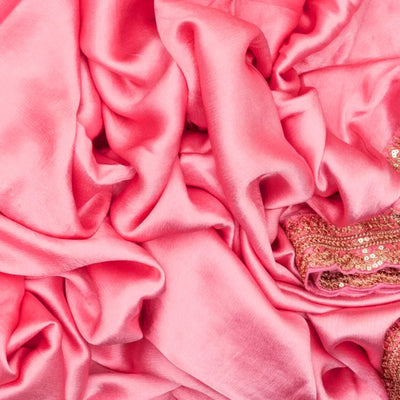 Bubble-gum Pink Woven Satin Saree With Embroidered Floral Motifs