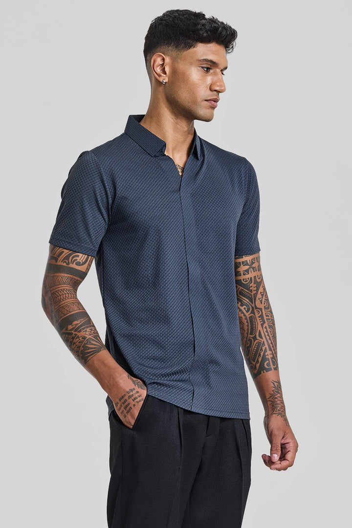 Greyish Blue Textured Polo T-Shirt