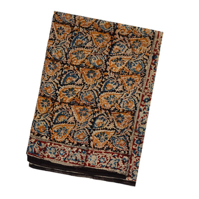 Black Handloom Kalamkari Cotton Saree With Printed Floral Motifs