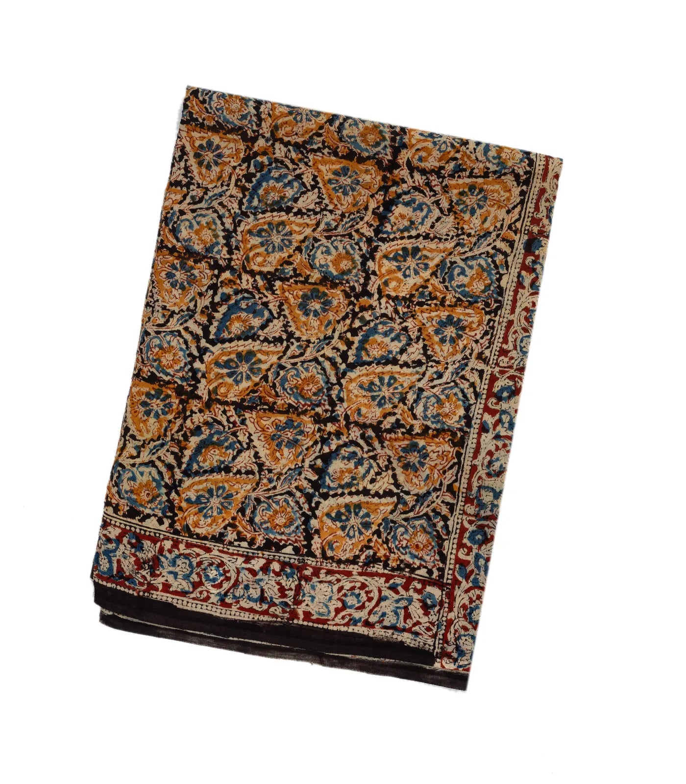 Black Handloom Kalamkari Cotton Saree With Printed Floral Motifs