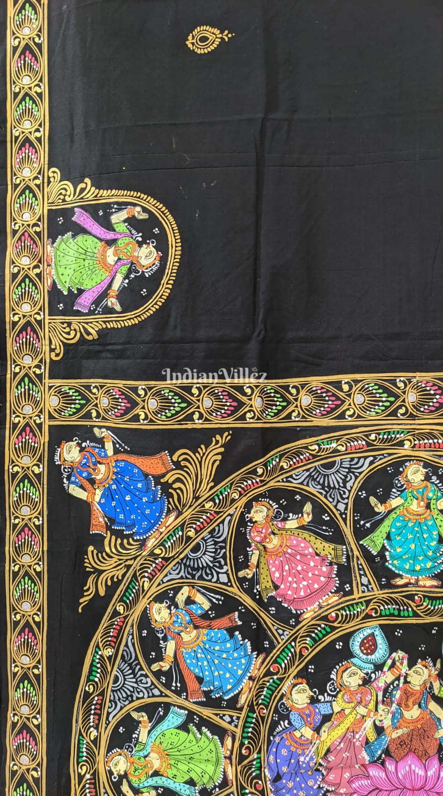 Black Chandua Theme hand-Painted Pattachitra Saree