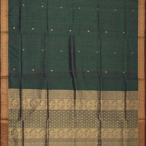 Bottle Green Handloom Silk Cotton Saree With Checks & Buttas